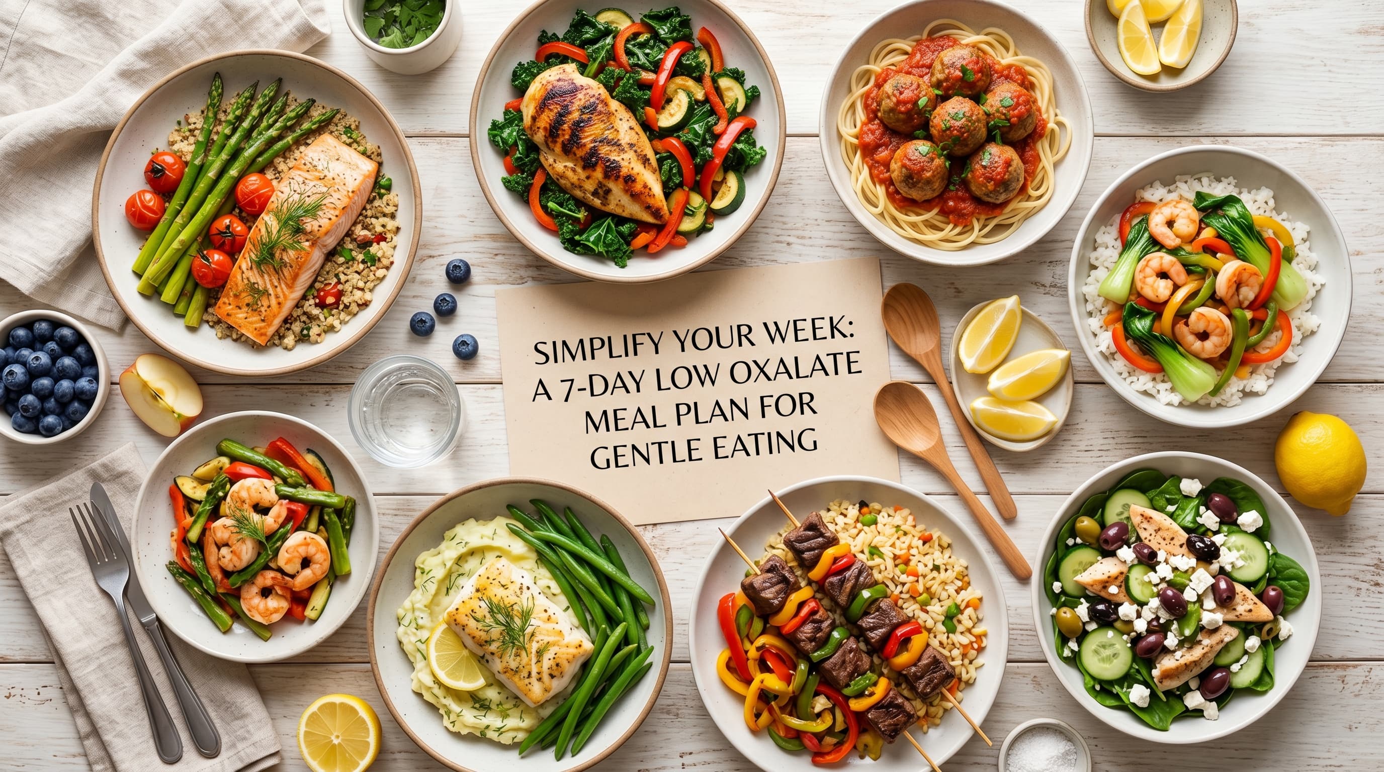 Featured image for "Simplify Your Week: A 7-Day Low Oxalate Meal Plan for Gentle Eating": A vibrant and inviting flat lay of a week's worth of low oxalate meals, featuring colorful vegeta...