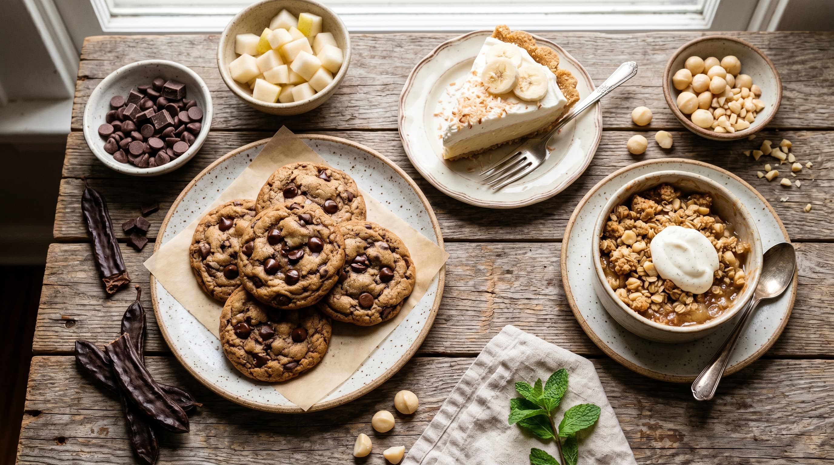 Featured image for "Indulge Gently: Delicious Low Oxalate Desserts and Sweet Treats": A beautifully styled flat lay of various low oxalate desserts, such as carob chip cookies, a slic...