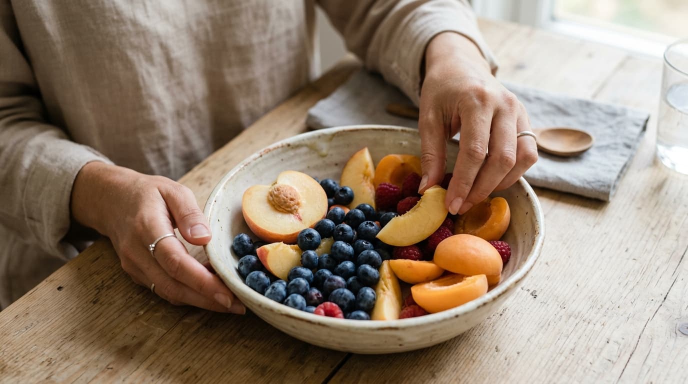 Featured image for "Beyond Food Lists: Understanding Histamine Liberators and Other Triggers for a Deeper Dive into Histamine Intolerance": An overhead shot of a woman's hands carefully placing colorful but gentle, low-histamine fruits l...
