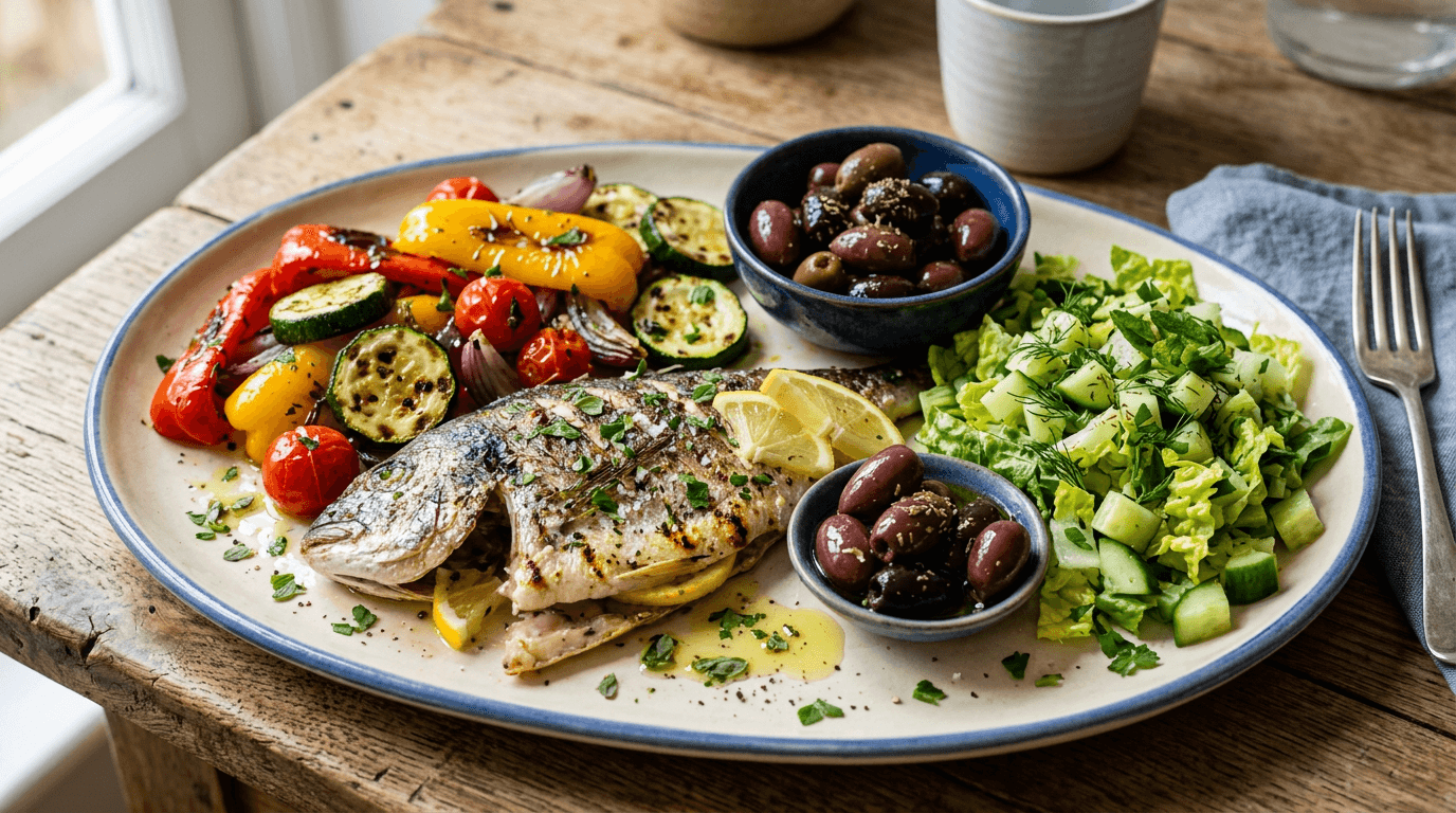 Featured image for "Mediterranean Marvels: Adapting Classic Dishes for a Low Oxalate Lifestyle": A beautifully arranged Mediterranean-style meal on a rustic wooden table, featuring colorful low-...