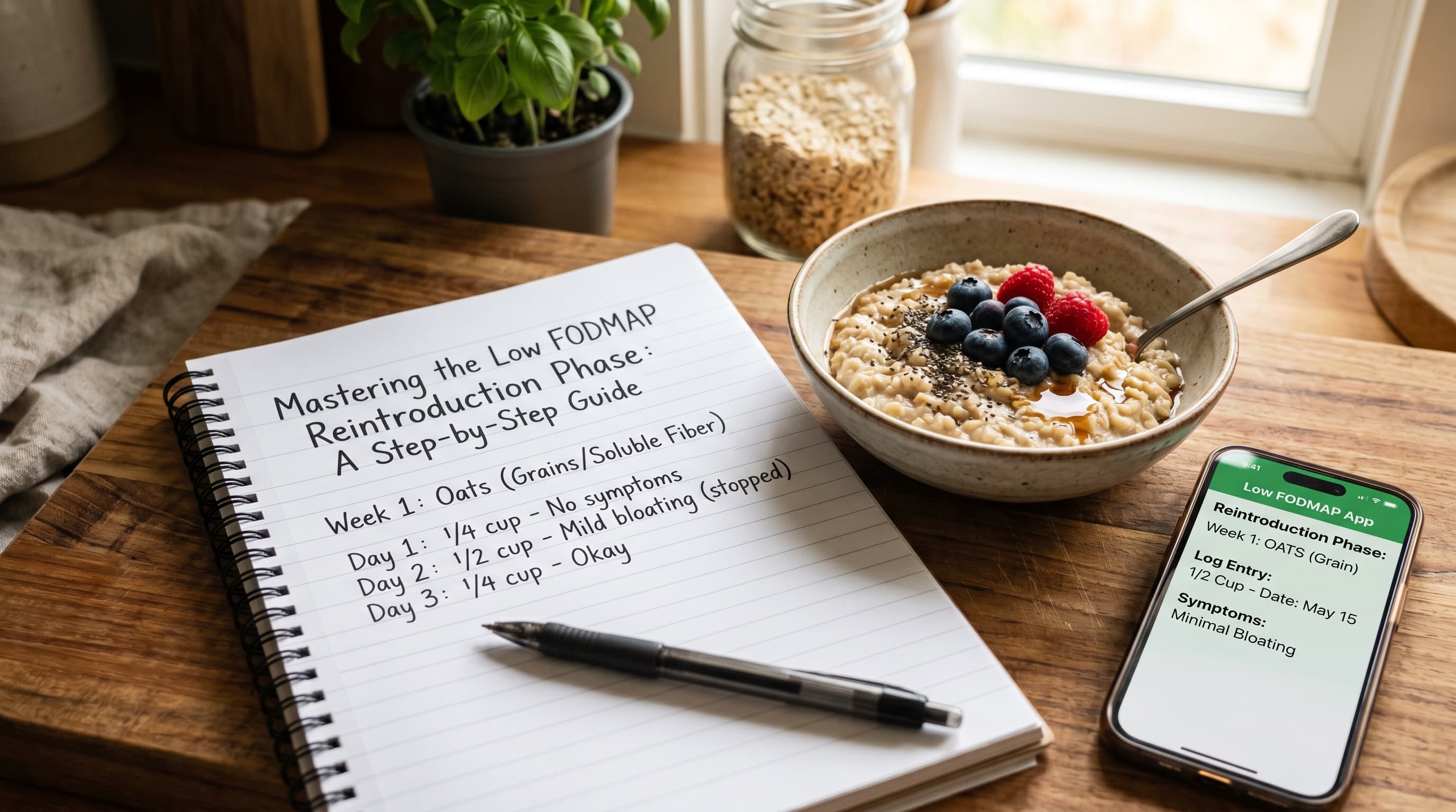 Featured image for "Mastering the Low FODMAP Reintroduction Phase: A Step-by-Step Guide": A brightly lit kitchen counter with a journal, a pen, a small bowl of oats (for a sample reintrod...