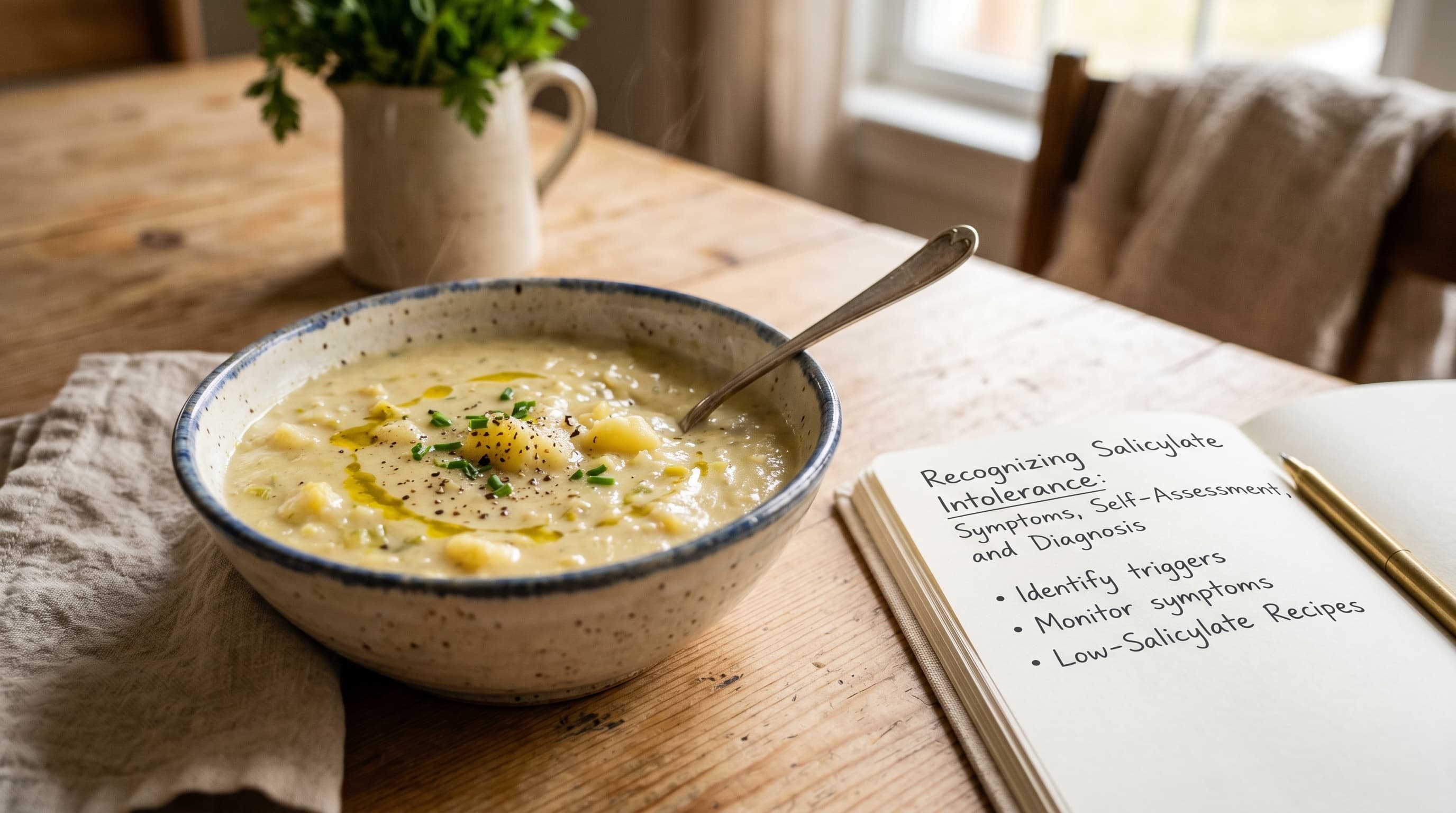 Featured image for "Recognizing Salicylate Intolerance: Symptoms, Self-Assessment, and Diagnosis": A warm, inviting image of a notebook and pen next to a comforting, low-salicylate meal like cream...