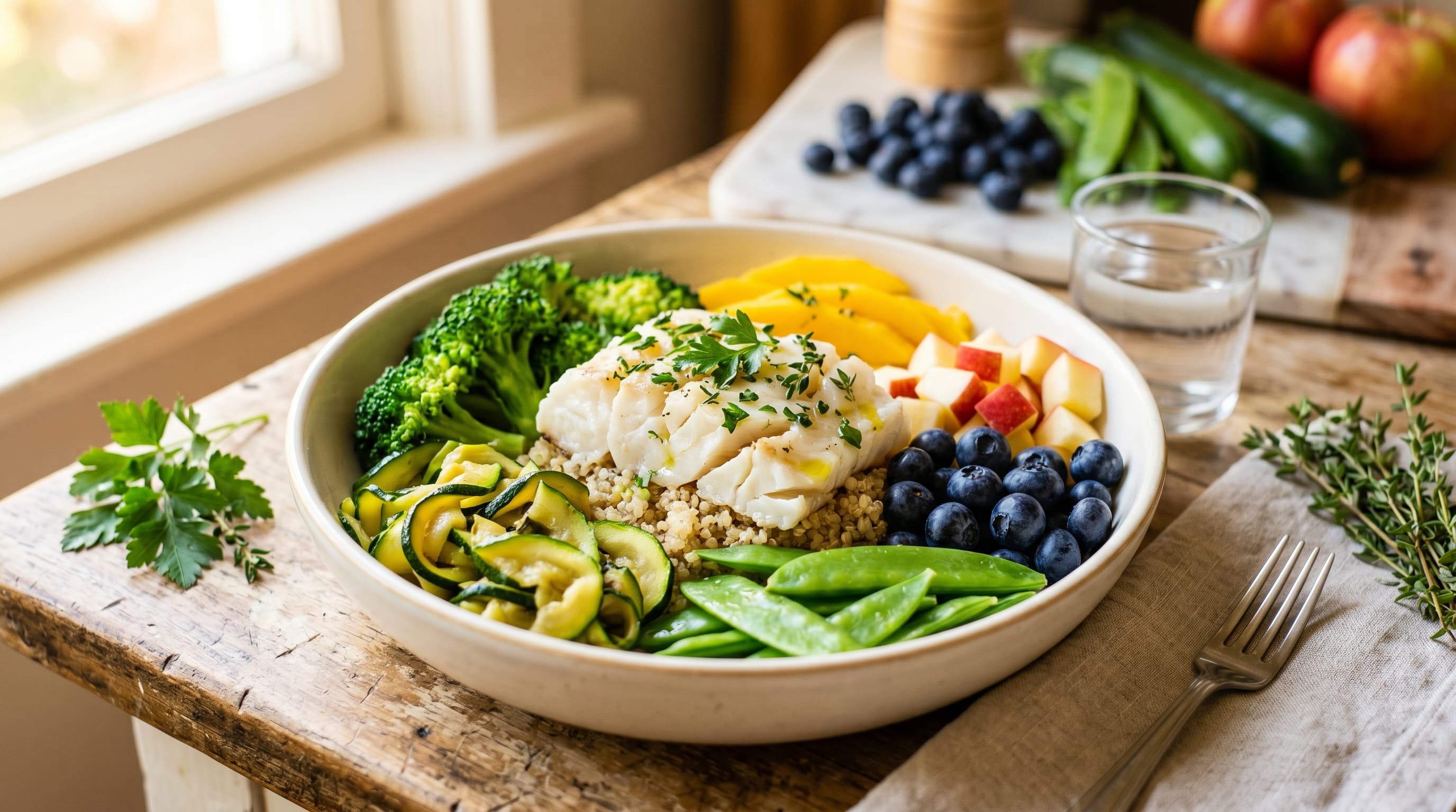 Featured image for "Understanding The Difference: Histamine Releasing Foods Vs. High Histamine Foods": A bright, inviting kitchen counter scene with an assortment of fresh, colorful, low-histamine ing...