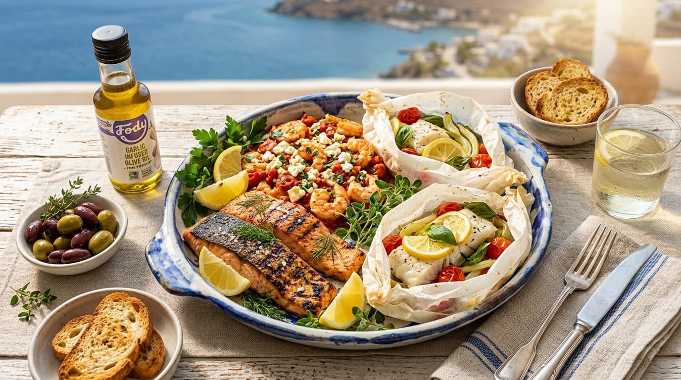 Featured image for "Catch of the Day: Delicious Low FODMAP Mediterranean Seafood Recipes for Gut Health": A vibrant, inviting flat lay image of various cooked Mediterranean seafood dishes suitable for a ...