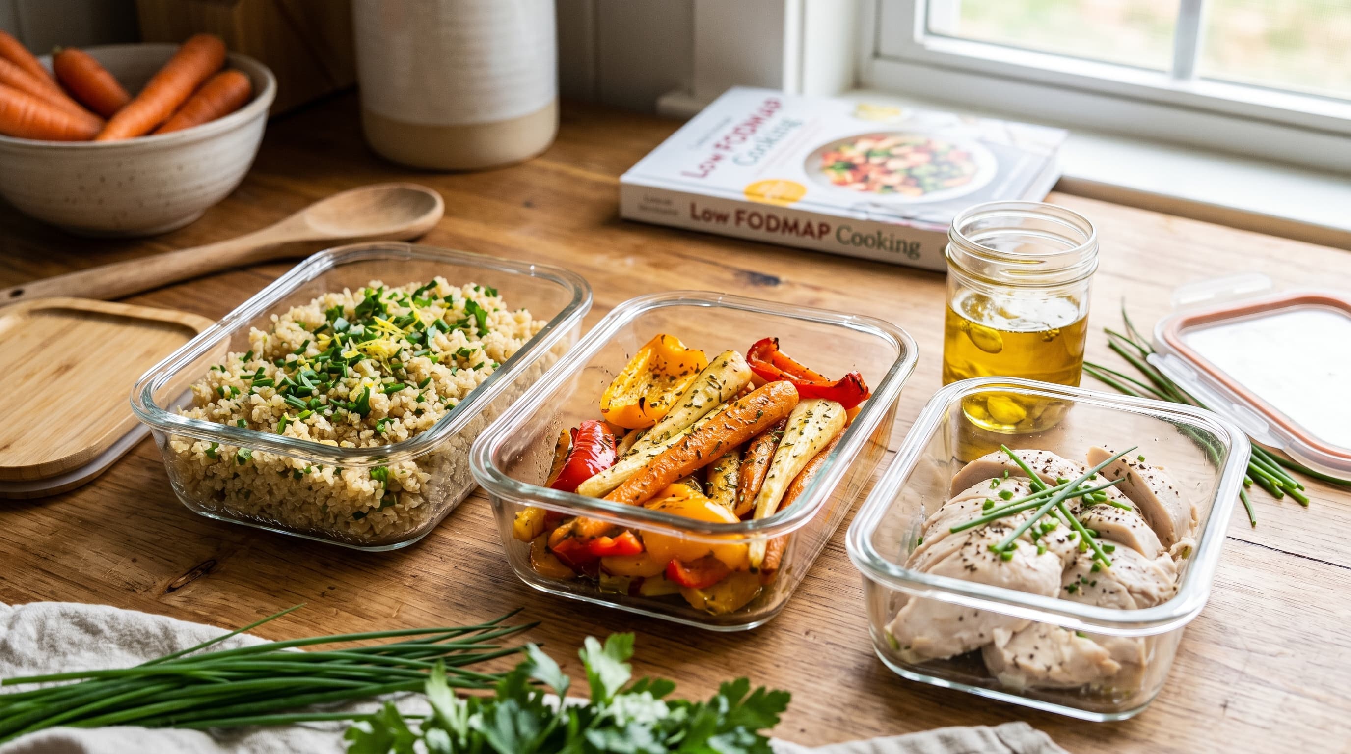 Featured image for "Effortless Low FODMAP Meal Planning and Prep: Your Beginner's Blueprint": A warm, inviting kitchen counter filled with neatly organized, colorful low FODMAP meal prep cont...