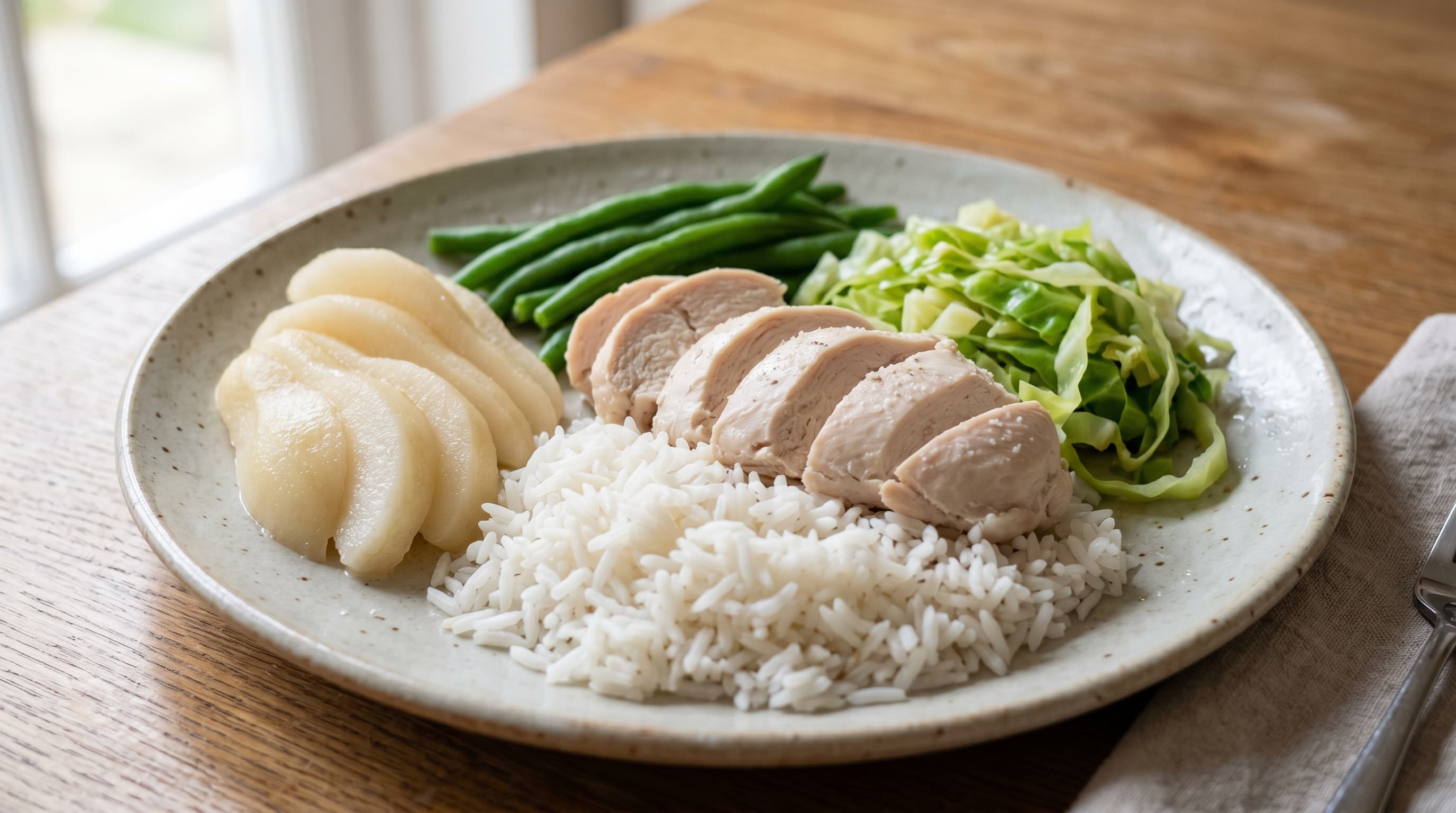 Featured image for "Your Essential Guide: A Comprehensive Low Salicylate Food List": A comforting and gentle meal spread, featuring peeled pears, plain rice, cooked chicken, and simp...