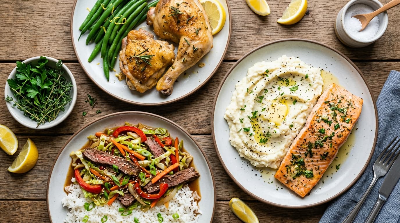 Featured image for "Dinner Delights: A Collection of Flavorful Low Oxalate Main Dishes": A vibrant and inviting flat lay of three distinct dinner plates: one with lemon herb roasted chic...