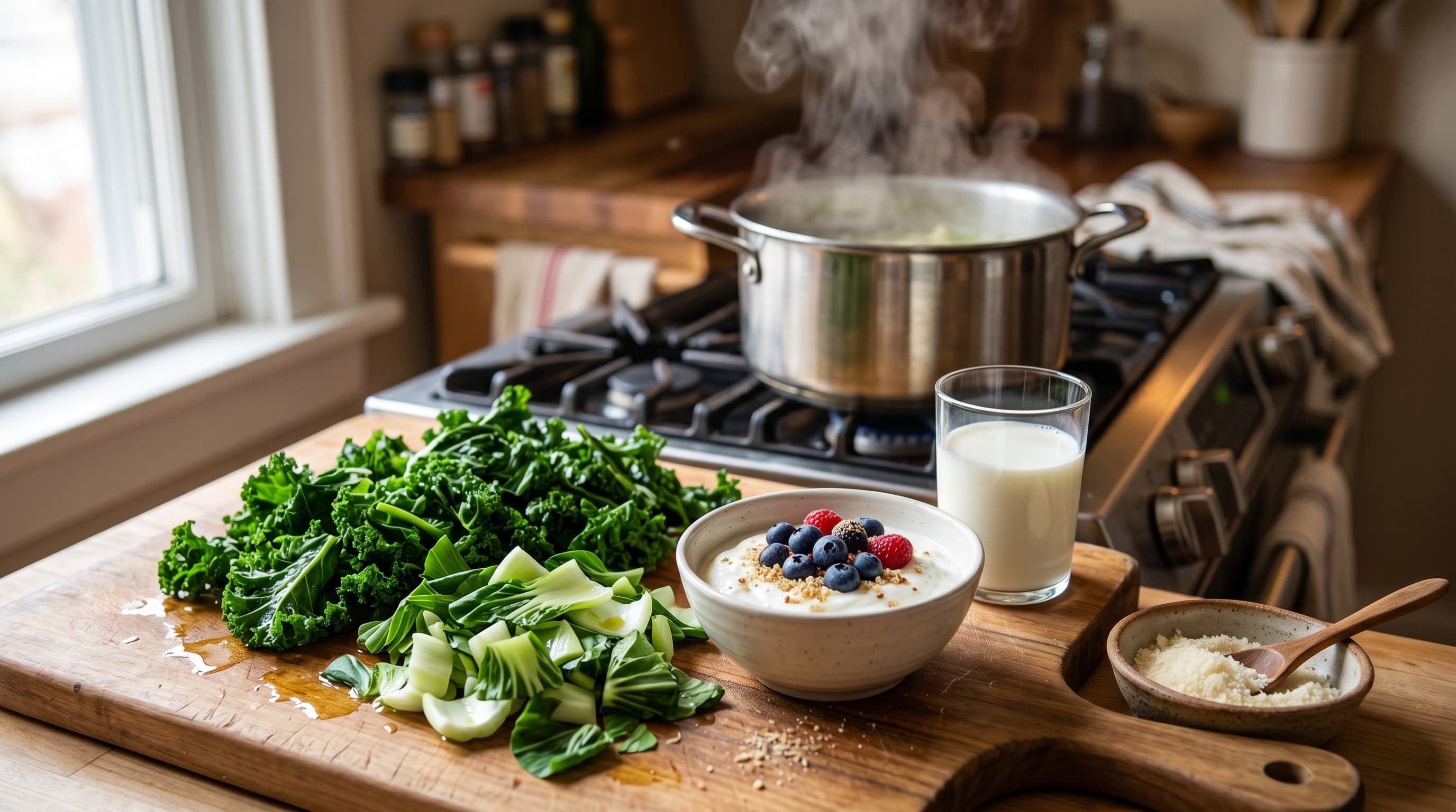 Featured image for "Smart Cooking Hacks: How to Reduce Oxalates in Your Favorite Foods": A vibrant and comforting kitchen scene, with a cutting board featuring boiled kale and bok choy, ...