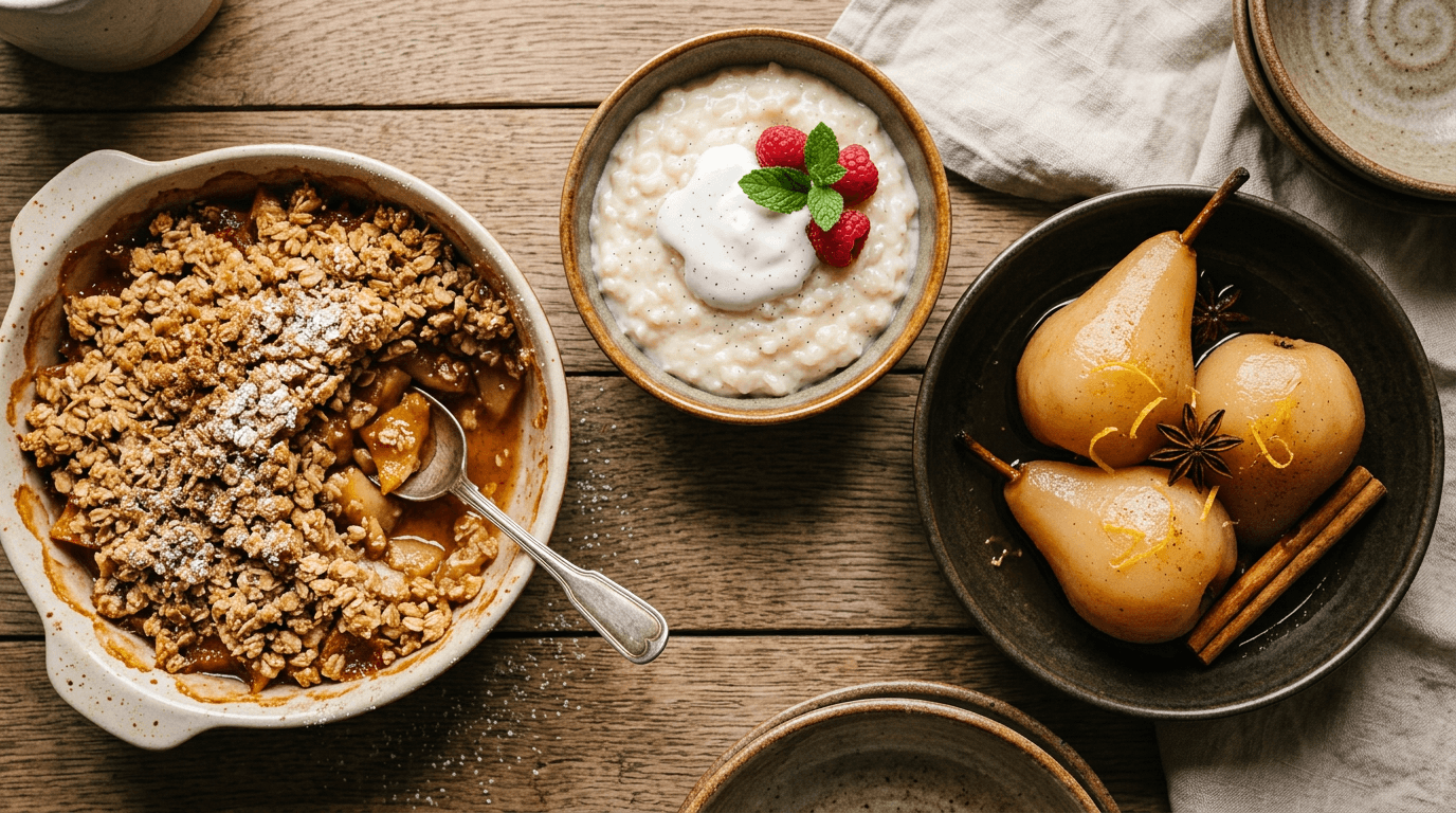 Featured image for "Sweet & Safe: Delicious Low Oxalate Desserts You Can Enjoy Guilt-Free": A warm overhead shot of colorful low-oxalate desserts on a rustic wooden table, featuring apple c...