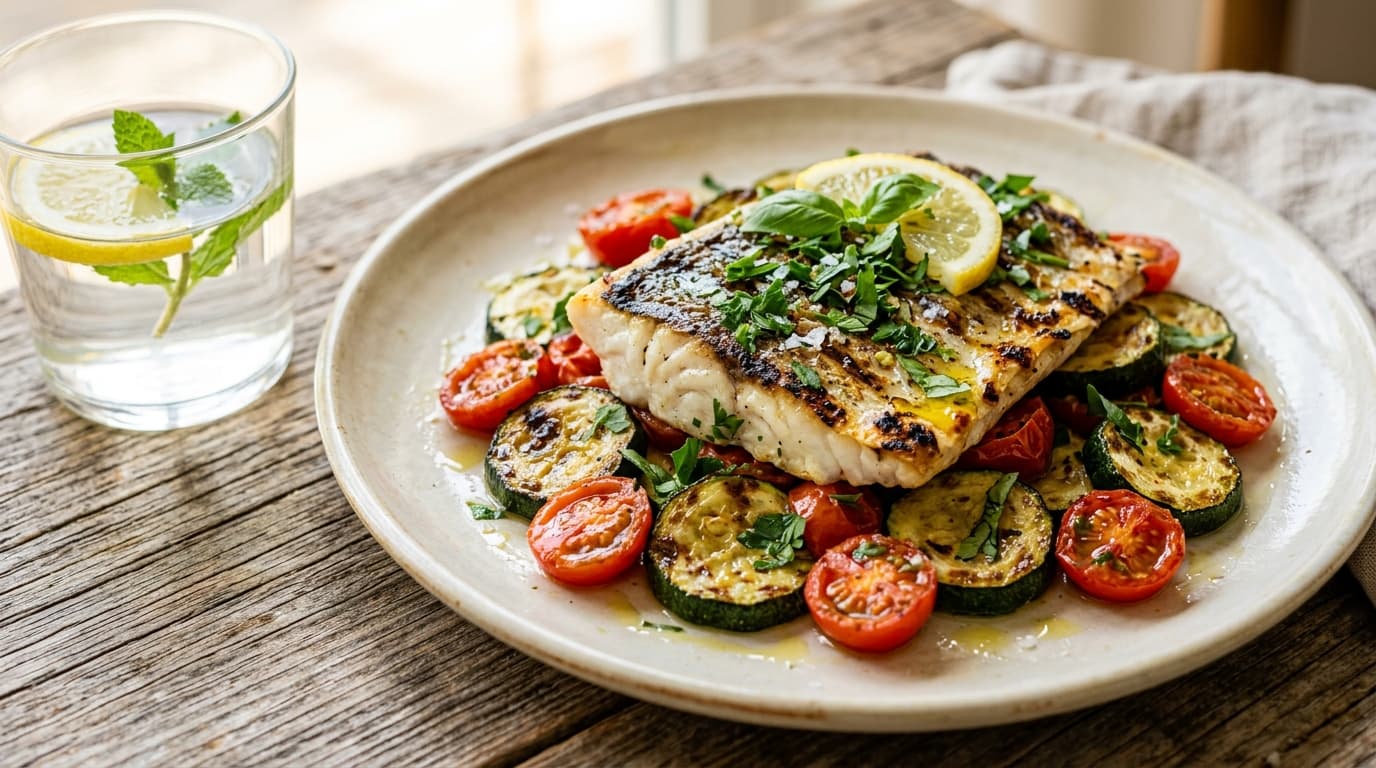 Featured image for "Sun-Kissed & Sulfur-Friendly: Adapting Mediterranean Classics for a Low Sulfur Diet": A vibrant, sun-drenched Mediterranean scene with a plate of grilled white fish, roasted zucchini,...