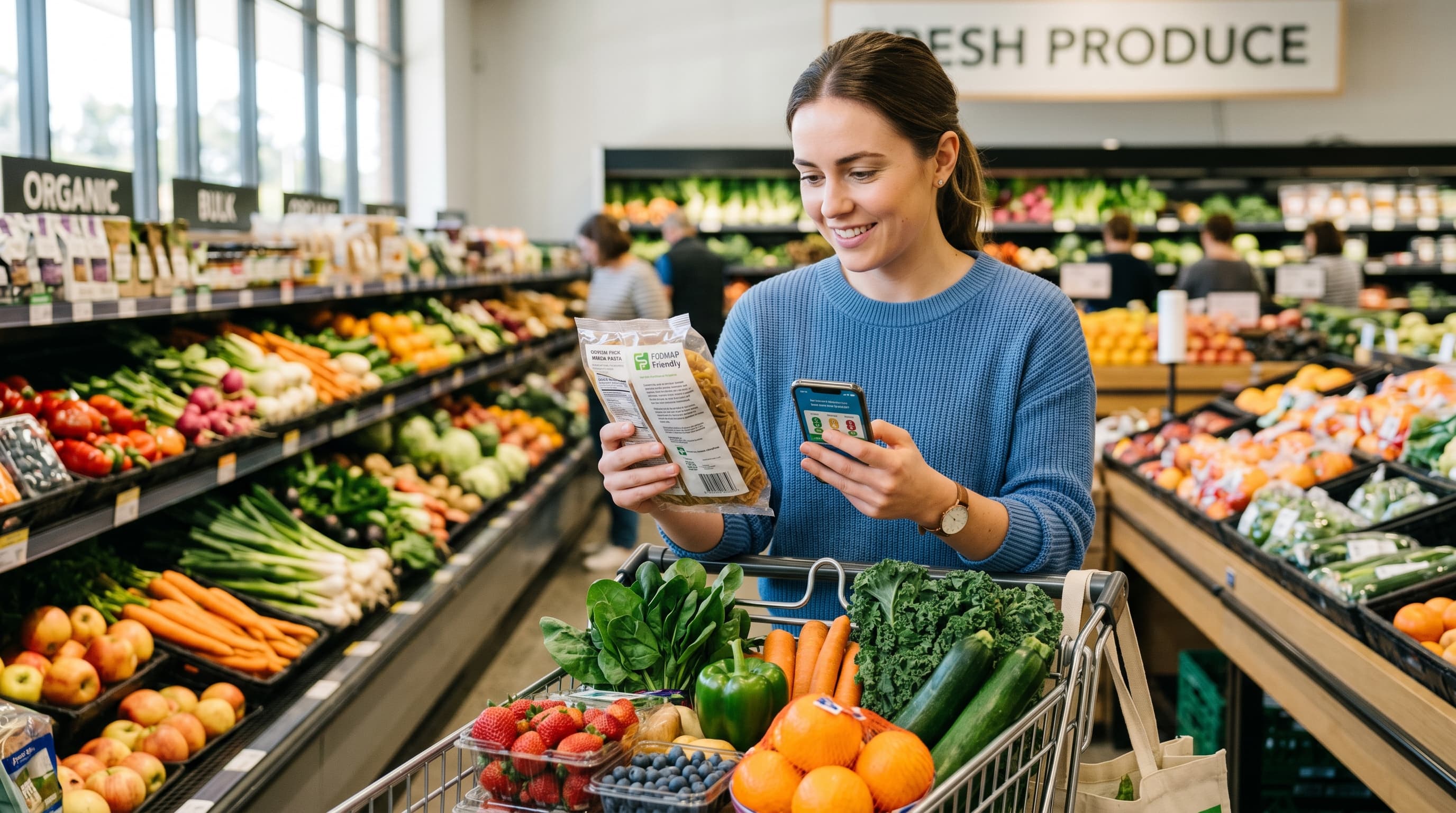 Featured image for "Your Essential Low FODMAP Grocery List and Smart Shopping Tips": A brightly lit, clean grocery store aisle with a shopping cart filled with vibrant, fresh low-FOD...